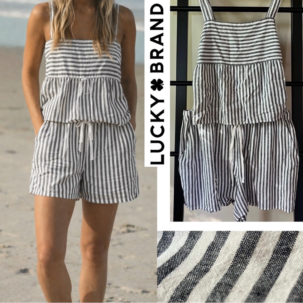 NWT Lucky Brand Linen Beach Babydoll 2-Piece Striped  Short and Top Set Size L